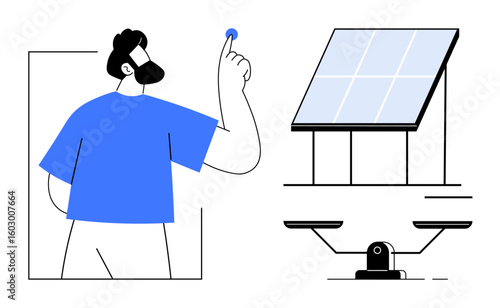 Man pointing at conceptual idea, solar panel representing renewable energy, and balanced scale symbolizing fairness. Ideal for sustainability, energy reform, eco-awareness, justice, decision-making