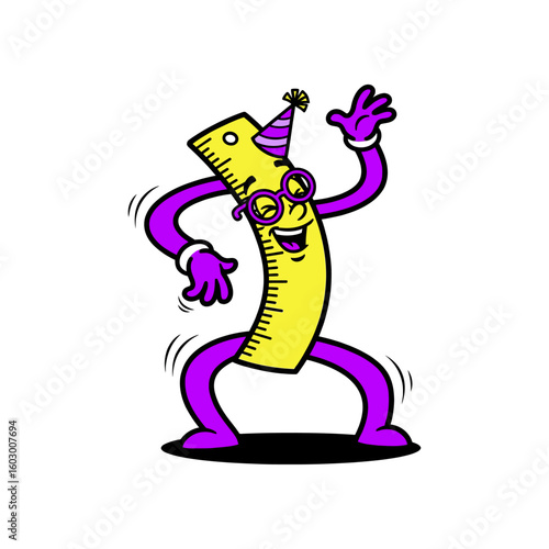 Cartoon ruler character with purple limbs wearing a party hat and glasses dancing with a smile on its face