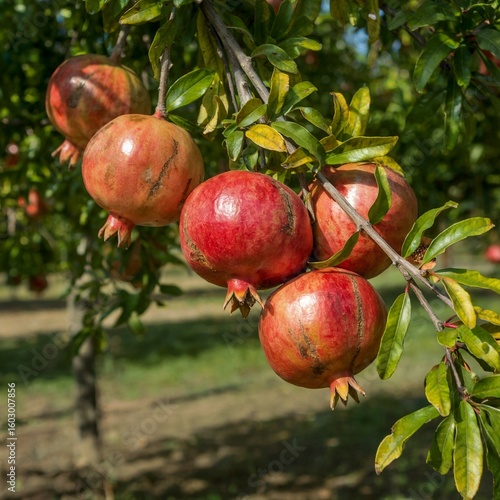 ripe pomegranates on tree branch in orchard, organic fruit farming, sunlit pomegranate tree with green leaves
