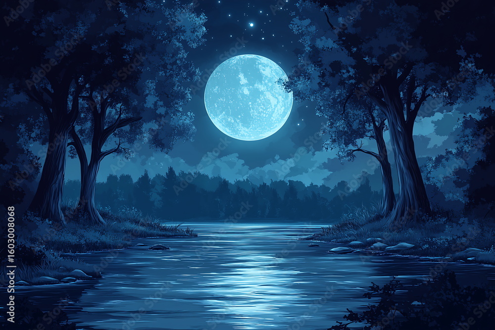Naklejka premium Mysterious enchanting landscape, river illuminated by moonlight on full moon. Mysterious trees grow along riverbank, mystical atmosphere. Background, banner or backdrop for Halloween, enigmatic themes