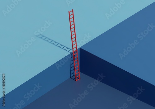 A red ladder stands between two different colored flat surfaces, casting a shadow on the lighter surface.