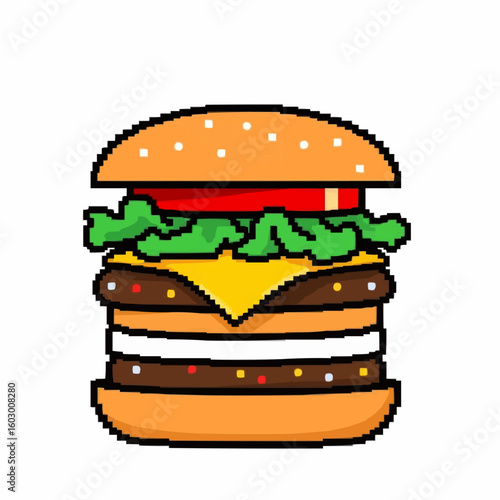 Cartoon burger with lettuce, cheese, and multiple patties  