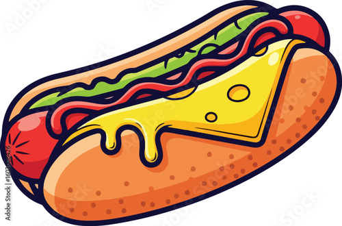 vector illustration of a hot dog with melted cheese and relish
