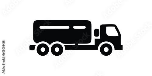 Black silhouette of a tanker truck with multiple axles on a white background representing transportation and logistics