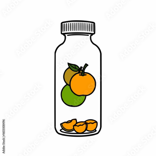 Orange and green citrus fruits in jar on white background  