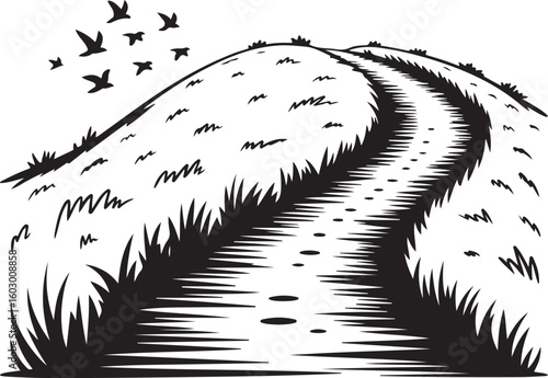Winding Path Through Rolling Hills with Birds in Flight Vector Illustration