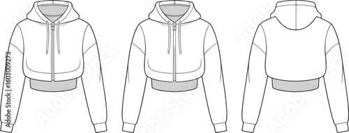 Cad drawing flat vector illustration of cropped hoodie template, zipped and unzipped front view, back view, drawstring hood, ribbed cuffs