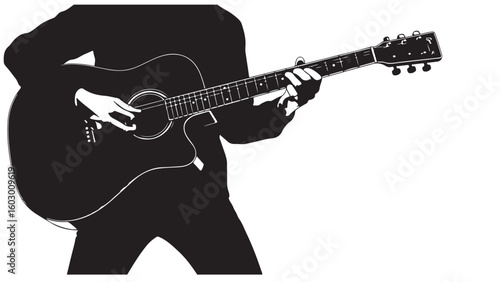 Silhouette of a person playing acoustic guitar in black and white, vector illustration