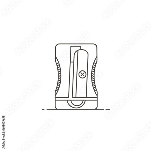 A minimalist line drawing of a pencil sharpener with a simple design on a white background