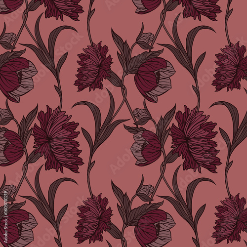 A charming seamless pattern featuring vibrant, stylized floral elements in rich berry tones, including deep fuchsia, dusty rose, and muted crimson. The coordinating blush pink background creates a war