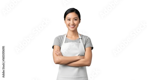 Smiling Asian Woman Wearing Apron with Arms Crossed Isolated