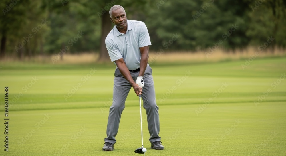 Obraz premium Black man in a light polo shirt and flexible gray pants standing with feet shoulder-width apart, knees slightly bent, both hands on club. Golf learning