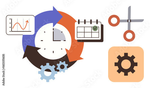 Clock with rotating arrows, a calendar, graph chart, scissors, and gears symbolize time, productivity, efficiency, organization, task management planning and workflow in flat design