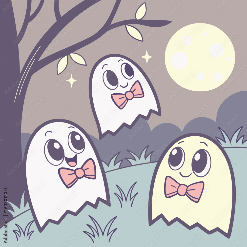 Obraz premium Cute Cartoon Friendly Ghosts with Bow Ties Under a Full Moon
