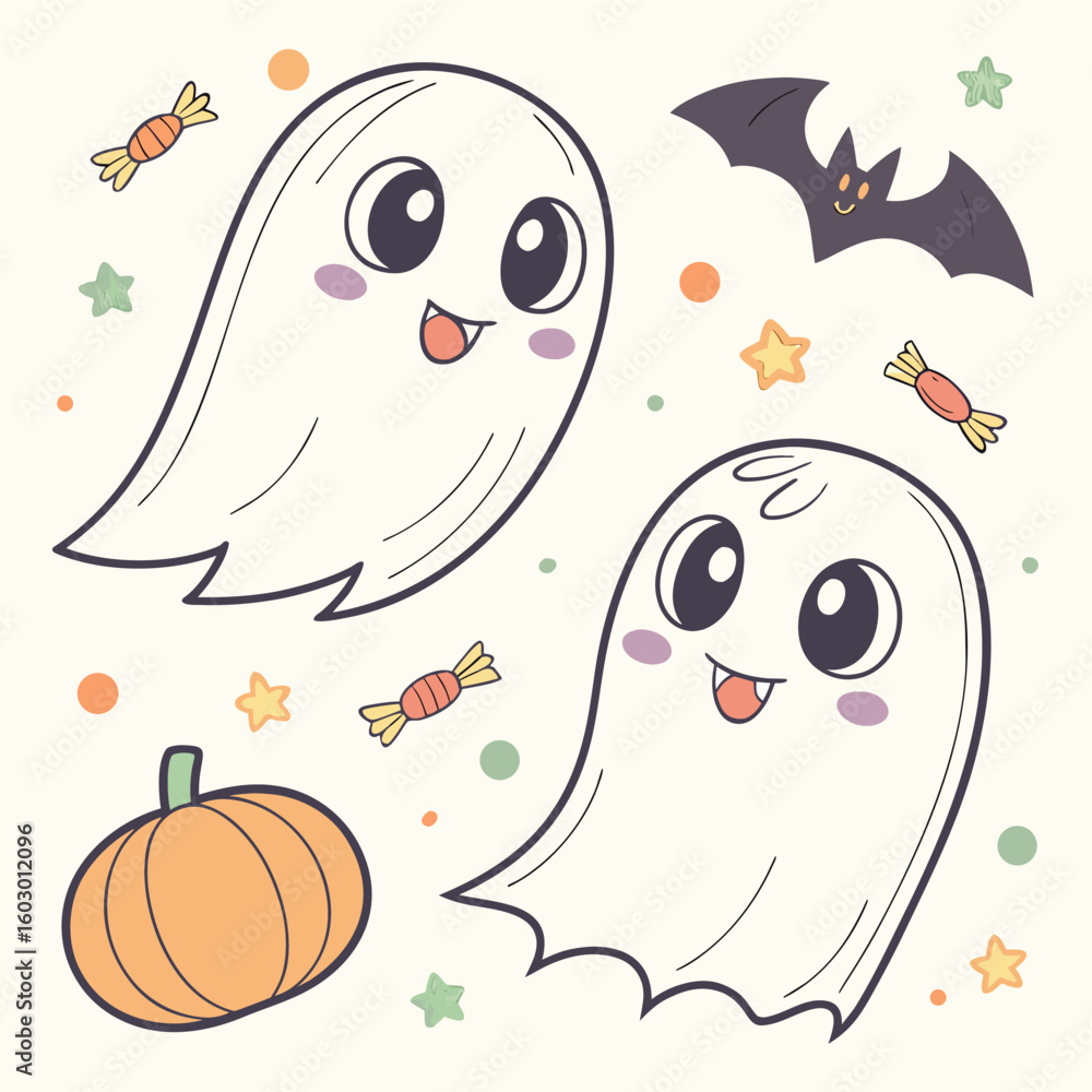 Obraz premium Cute Cartoon Happy Ghosts with Halloween Candy Bat and Pumpkin
