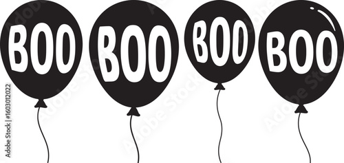 Four black balloons with boo text halloween silhouette