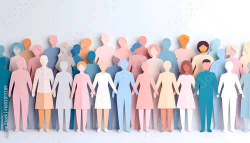 Diverse group of paper people holding hands