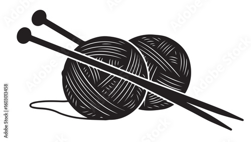 Black and white illustration of yarn and knitting needles, vector design element
