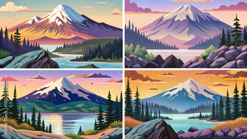 Set of Hazy Mount Rainier sunset at dusk from Naches peak landscape with beautiful sky