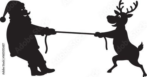 Santa claus and reindeer playing tug of war silhouette