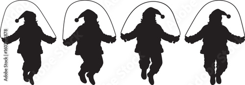 Four children in jester hats jumping rope silhouette