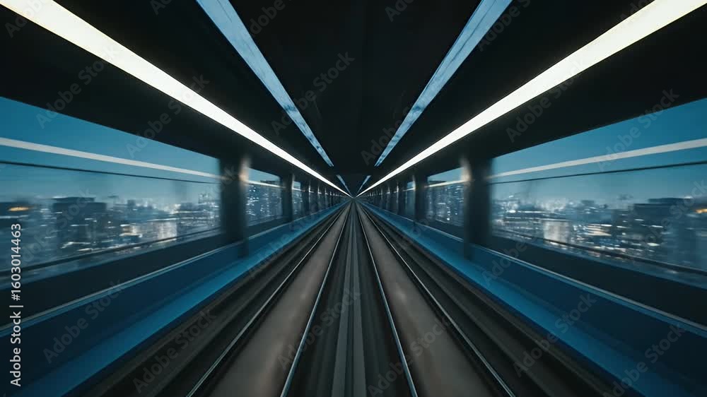 High speed futuristic train journey through a modern cityscape tunnel with dynamic motion blur and vibrant glowing lights