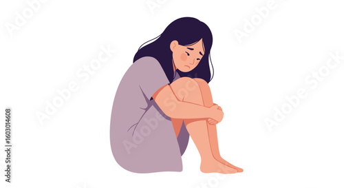 Sad woman sitting alone: emotional flat style artwork for mental healt