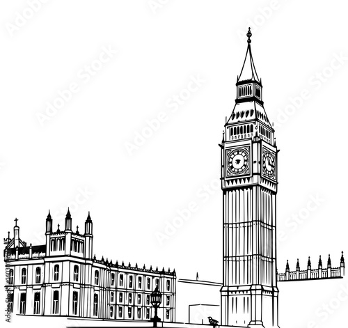 London Landmark: A striking black and white line art illustration of Big Ben and the Houses of Parliament, showcasing their architectural grandeur against a stark white background.