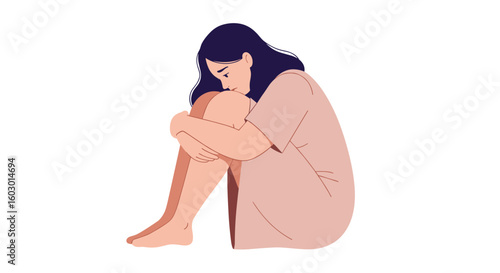 Sad woman sitting alone, reflecting deep emotion in minimalist style