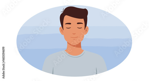Tranquil meditation pose with closed eyes in minimalist style on blue
