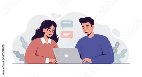 Two people discussing ideas over a laptop with chat bubbles in a minim