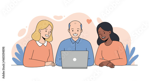Diverse team collaboration: cartoon style meeting around laptop