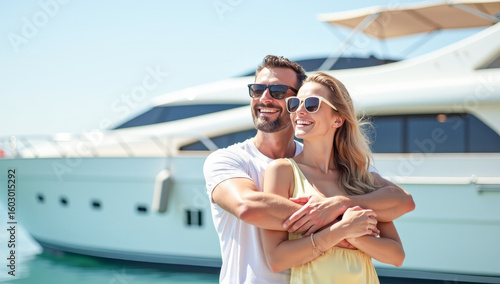 a happy couple of tourists, a man and a woman on the background of an expensive yacht