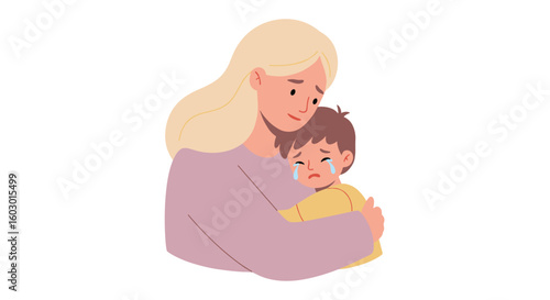 Mother comforting sad child: warm embrace with gentle care and emotion