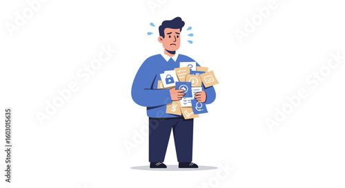 Confused man holding icons: security, currency, cloud network concept