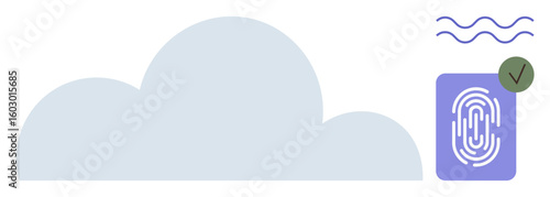 Blue cloud icon next to fingerprint scanner with a green checkmark and simple waves indicating connectivity. Ideal for data safety, cloud backup, digital identity, security protocols, privacy, online