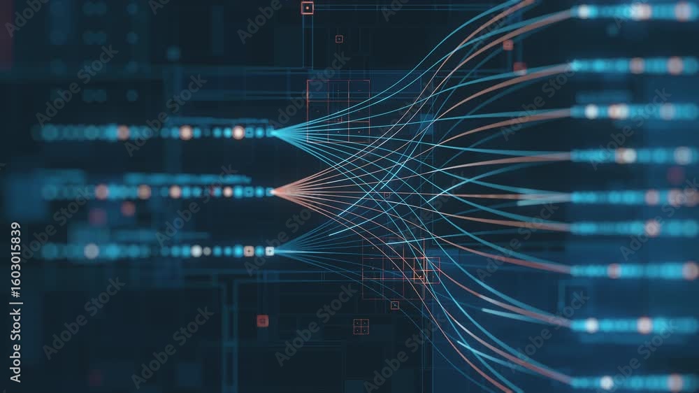 This conceptual video illustrates the flow of vast information, complex algorithms, and interconnected systems, symbolizing advanced technology, analytics, and the future of digital communication.