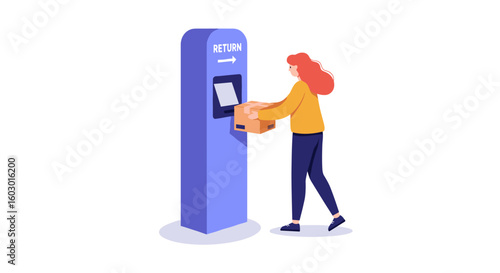 Woman returning package at self-service kiosk with modern flat design