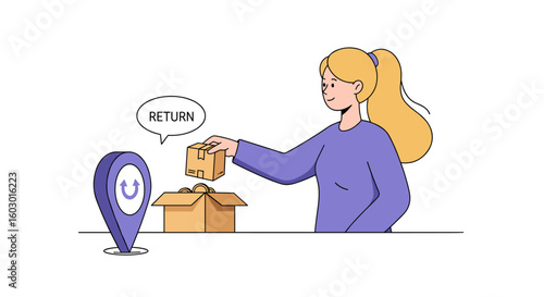 Online return process concept: woman returning package with location m