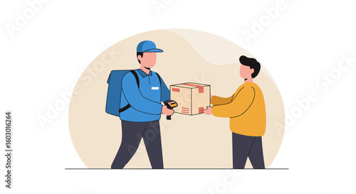 Courier delivering package to customer in flat design style