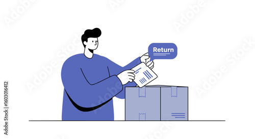 Cartoon style illustration of a person returning a package in a minima