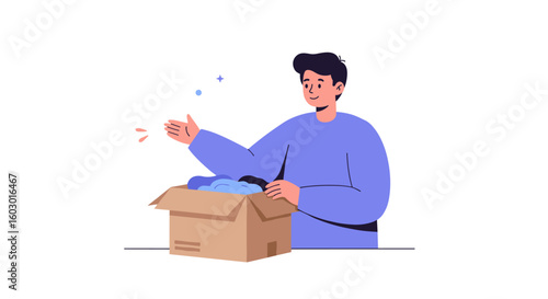 Smiling person unpacking box with clothes on white background