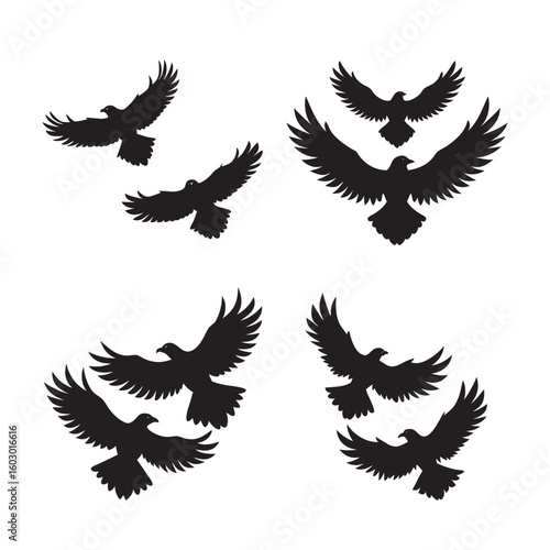 black silhouette soaring eagle set bundle on white background