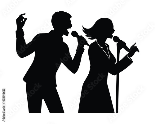Singing karaoke together silhouette vector illustration