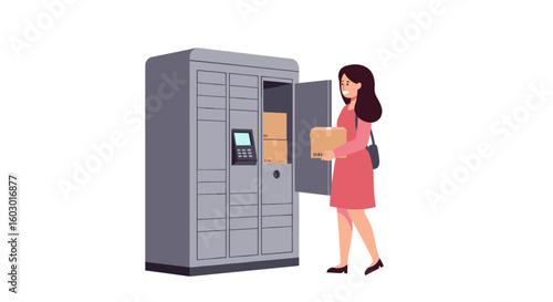Woman collecting package from parcel locker in flat design