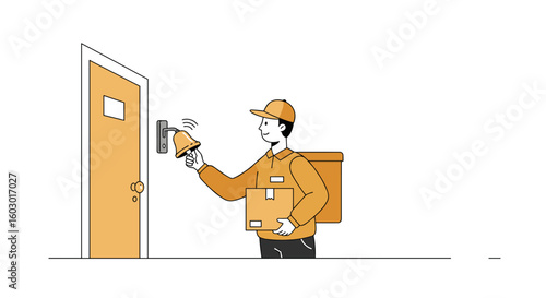 Flat design couriers: delivery person ringing doorbell with package