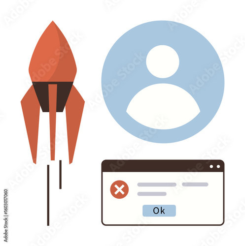 Rocket pointing upwards, user profile circle, and error window for concepts of startup growth, personal identity, failure, innovation, creativity, technology and communication. Simple flat metaphor
