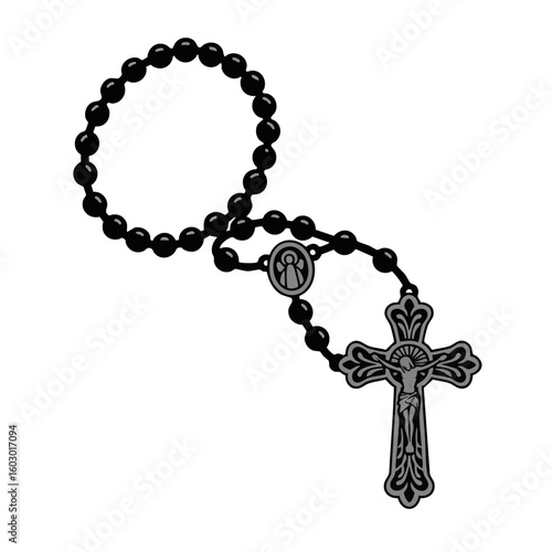 Vector illustration of rosary with cross minimal style on white background, religious object