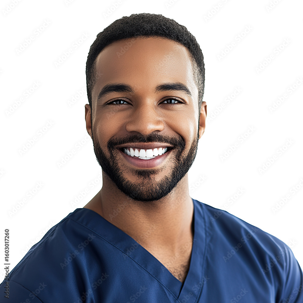 Obraz premium A bearded male nurse smiles kindly at the camera, isolated on a transparent background. PNG