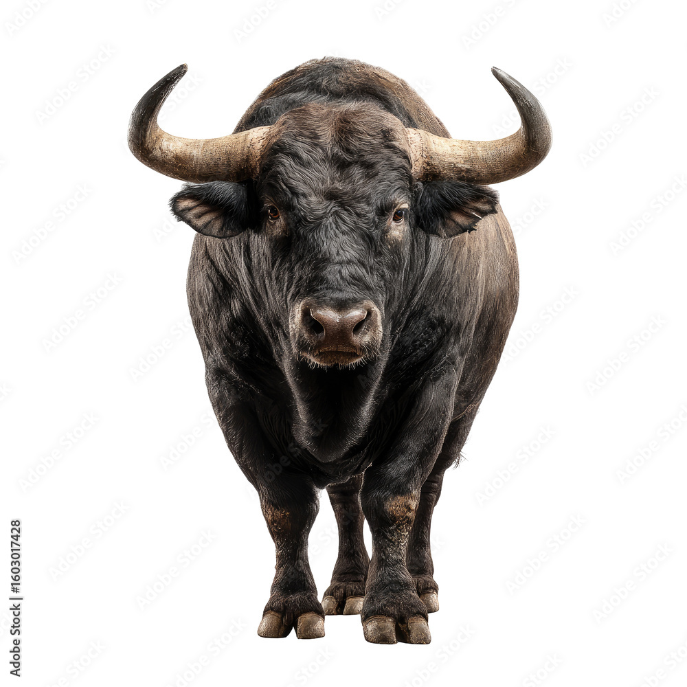 Naklejka premium Powerful bull, head-on view. Large, dark bull, horns, front view, strong